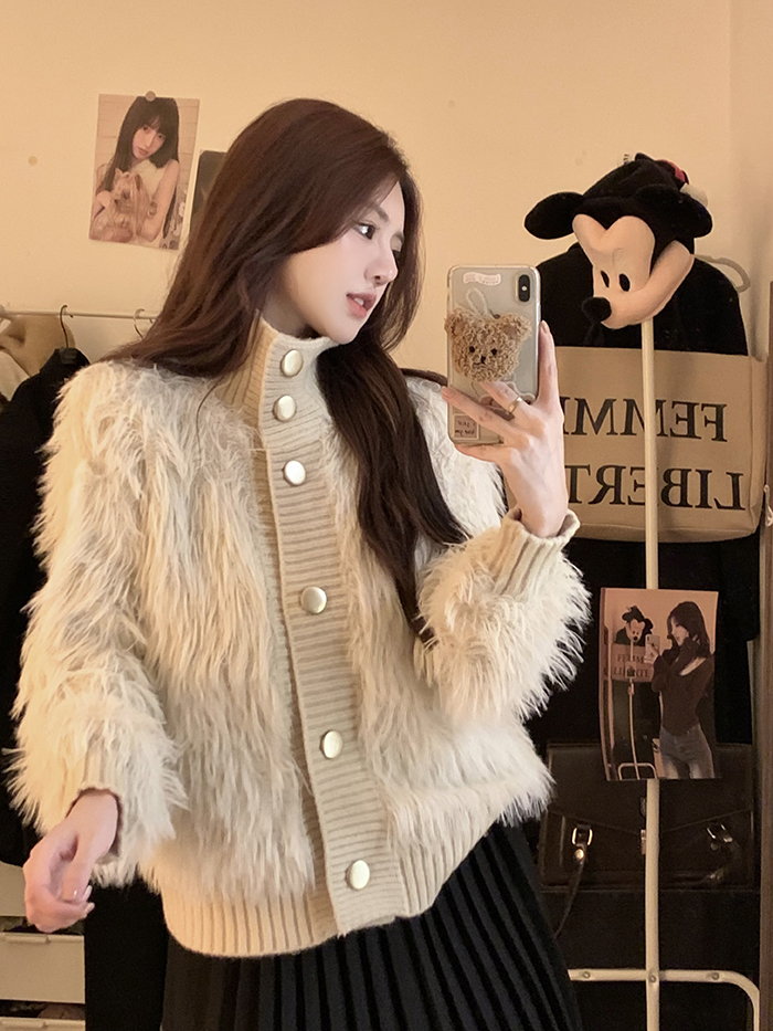 Actual shot ~ New autumn and winter Korean style loose, high-end and temperament long-haired turtleneck knitted cardigan jacket for women