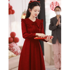 批发新款<b class='q'>敬酒</b><b class='q'>服</b><b class='q'>新娘</b>高级感酒红色长袖翻领订婚礼<b class='q'>服</b>连衣裙平时可穿