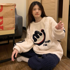 批发冬季新款新模特睡衣女珊瑚绒玫瑰绒加厚圆领套头套装家居服