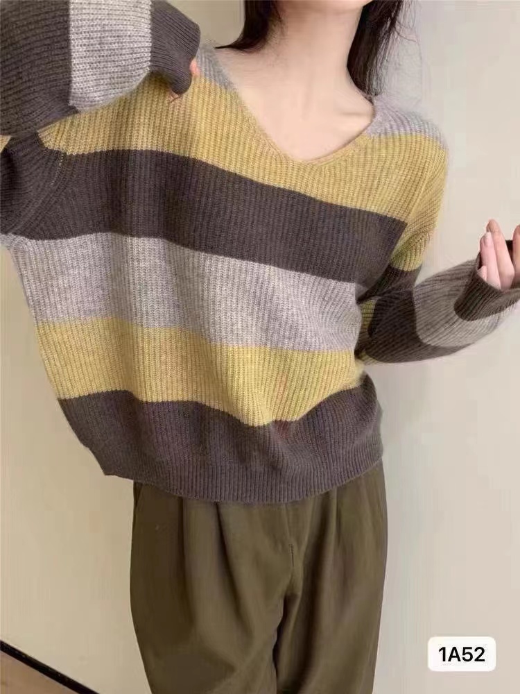 가을 겨울 새로운 한국 스타일 동대문 느긋한 바람 V넥 배색 스트라이프 루즈핏 긴팔 맨위 여성
