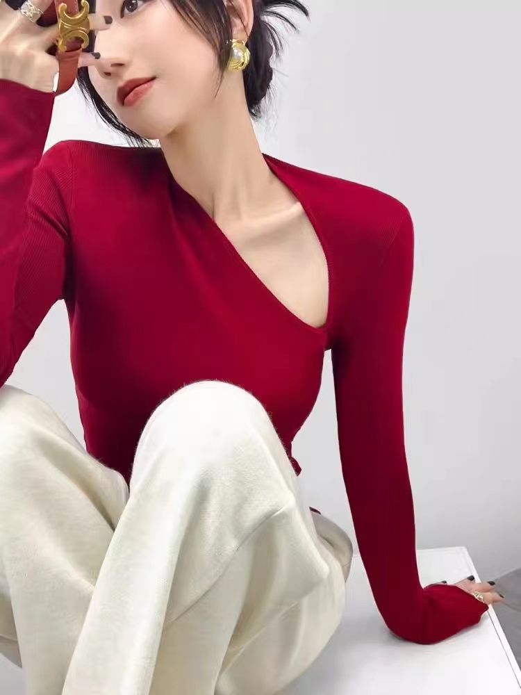 가을 새로운 고급 센스 패션 불규칙 비스듬한 어깨 V넥 긴팔 맨위 여성