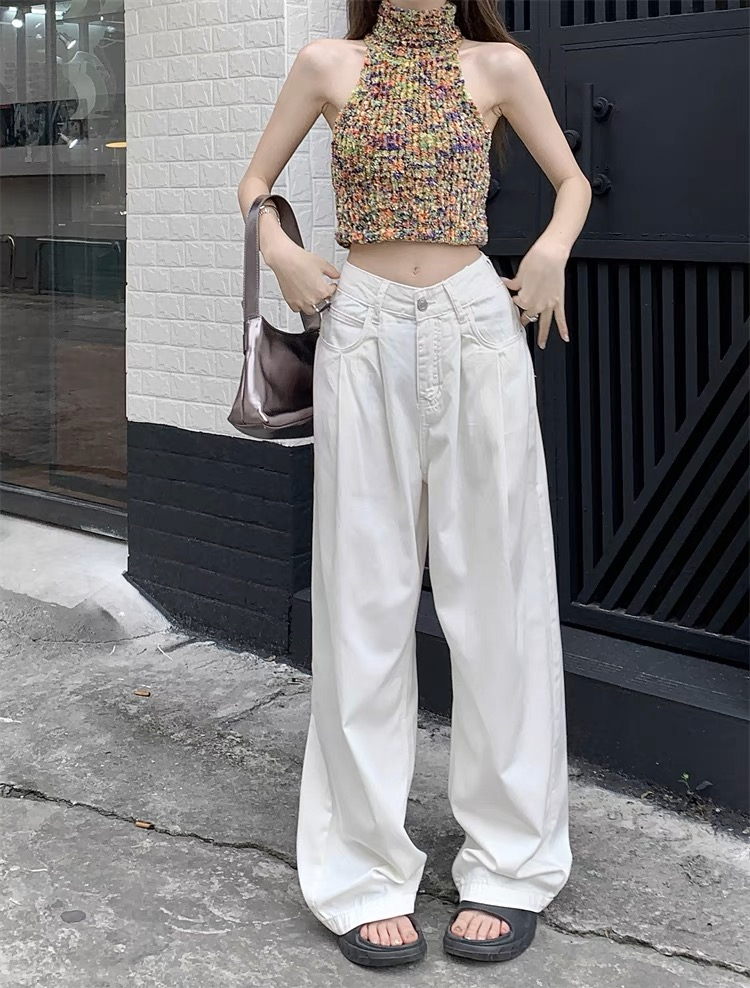White soft denim trousers women's autumn new low-waisted loose straight pants drapey wide-leg floor-length casual pants