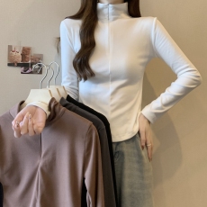 批发实拍  高腰短款紧身polo拉链长袖T恤打底衫冬女内搭薄绒正肩上衣