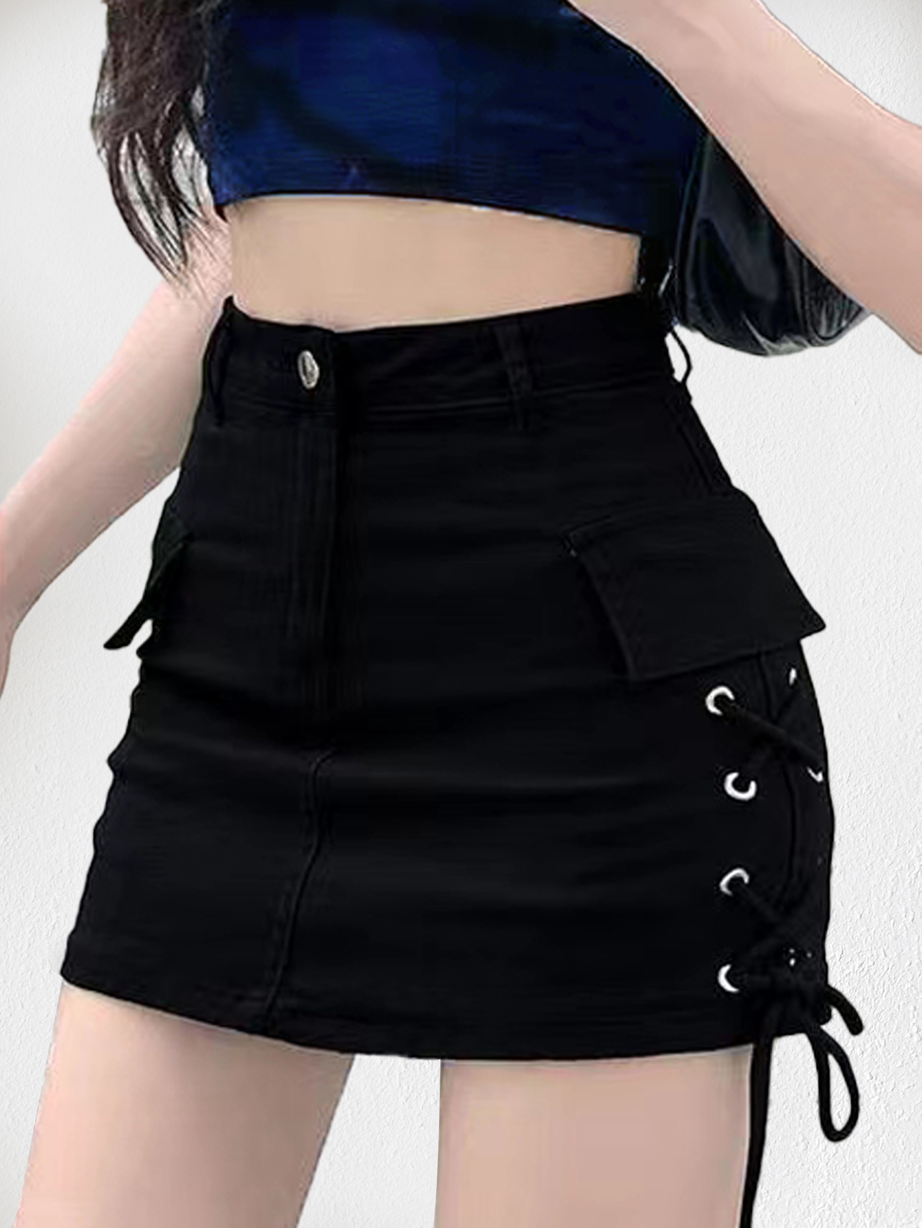 Actual shot of fashionable lace-up skirt with high waist and large pockets and stretchy A-line hip-hugging skirt with safety leggings and boot pants.