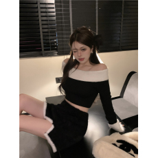 批发纯欲风性感一字肩长袖针织衫套装高腰显瘦<b class='q'>包臀</b>短裙