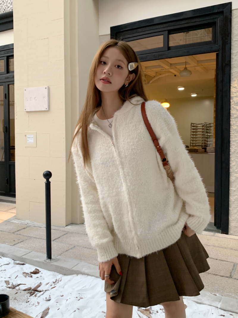 Real shot of cream lazy furry cardigan hooded sweater jacket