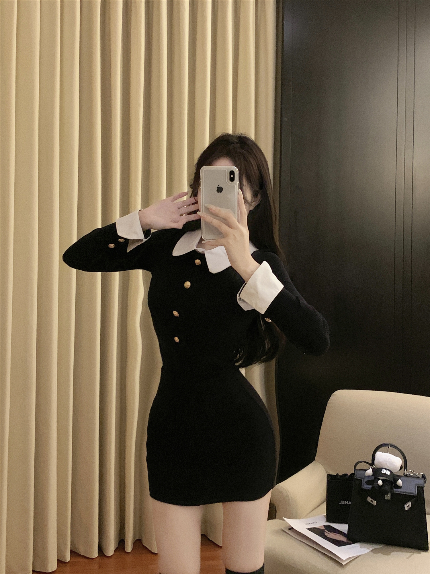 Real shot~Girl's Thoughts Sweet Skirt Knitted Skirt Shirt Collar Slim Fit Short Fake Two-piece Dress