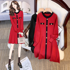 批发实拍大码女装秋冬款胖mm法式复古小香风圣诞新年大红针织<b class='q'>连衣裙</b>子