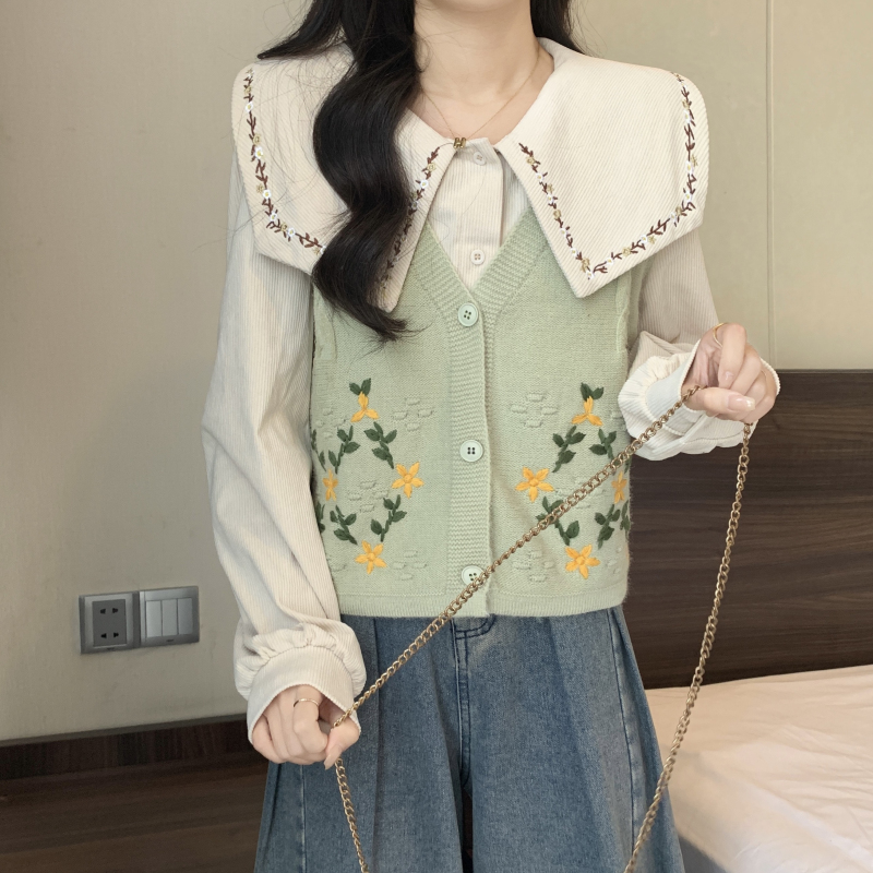 실사 2026 봄 드레스 새로운 빅 사이즈 여성 의류 지방 mm 작은 샤넬 스타일 베이비 칼라 니트 베스트 셔츠 외국 가스 세트