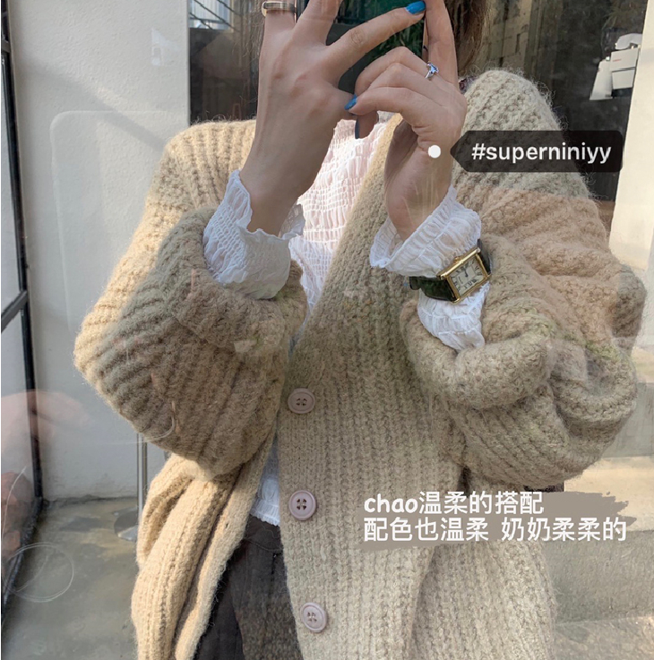 superniniyy 加厚緊緻版馬海毛高ji慵懶感溫柔針織毛衣開衫外套女