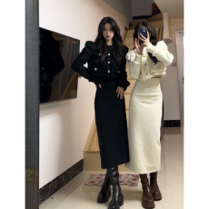 批发秋冬大码时尚套装女小香风气质名媛短款<b class='q'>西装外套</b>女显瘦开叉长裙子