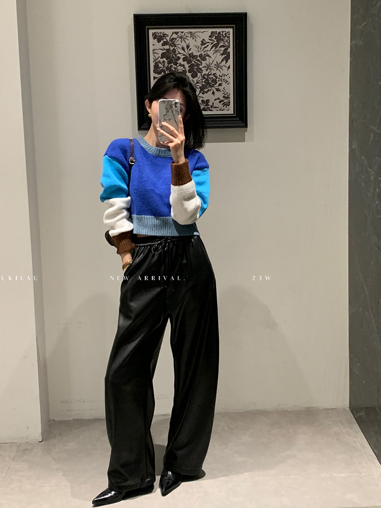 拼接撞色短款圓領毛衣女百搭長袖上衣