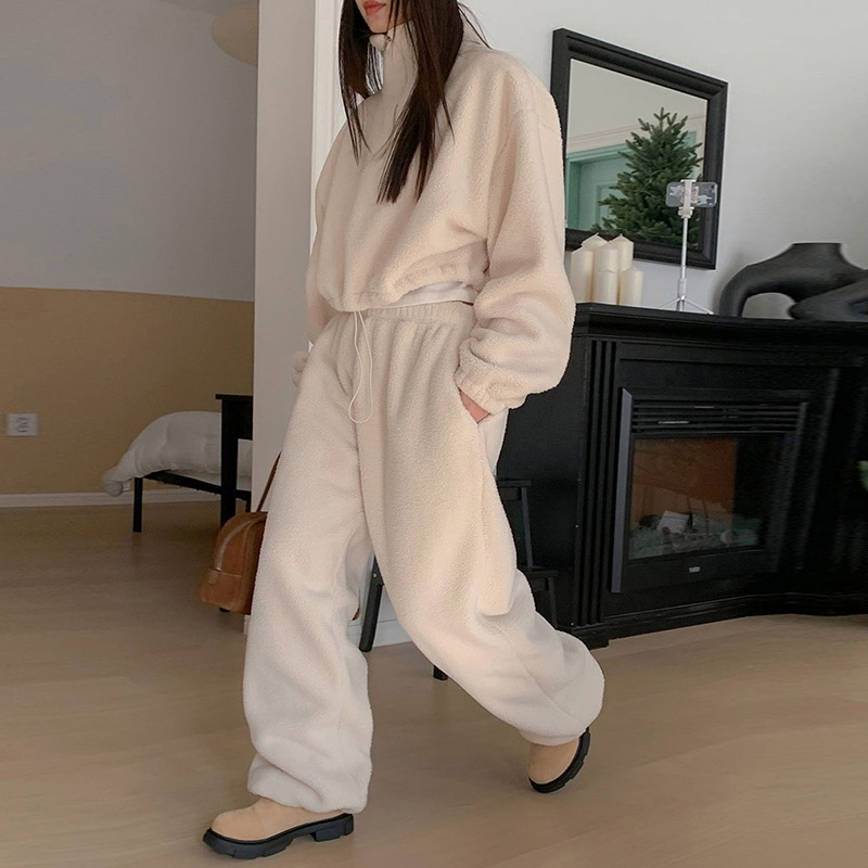version of Instagram warm autumn and winter standing collar hoodie+loose leggings 2023 new women's two-piece set_voghion.com