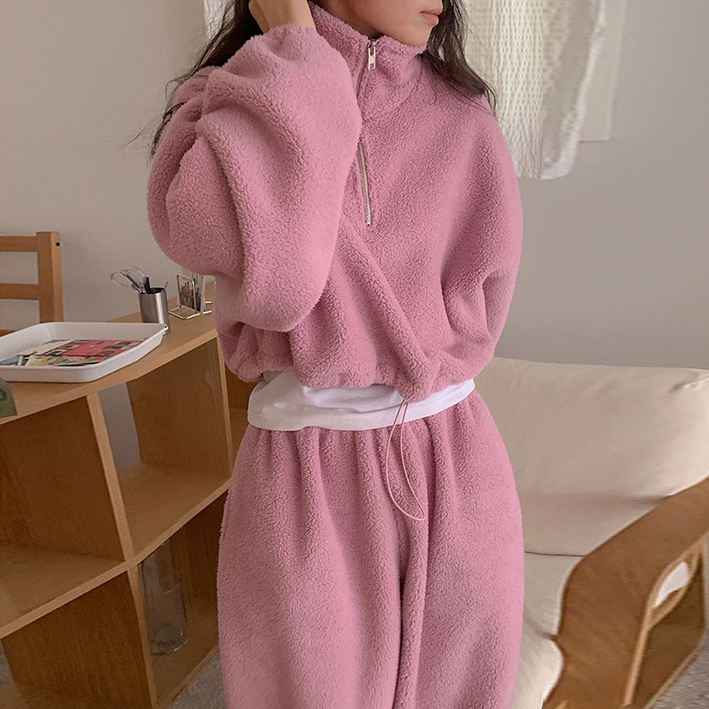 version of Instagram warm autumn and winter standing collar hoodie+loose leggings 2023 new women's two-piece set_voghion.com