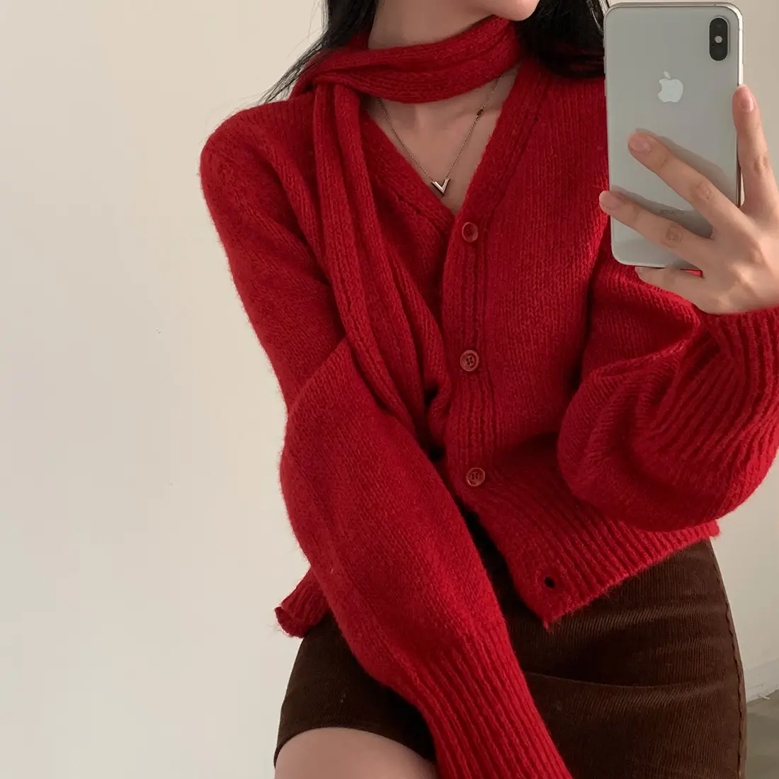 복고 V넥 긴팔 니트 코트 상세 이미지 8