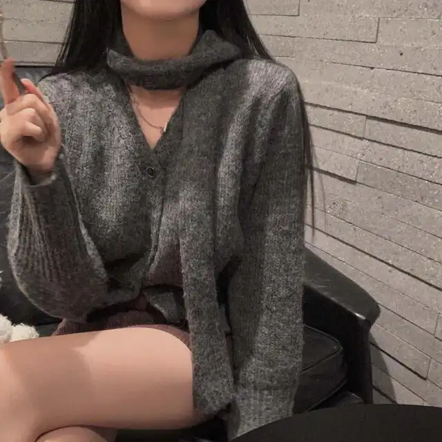 복고 V넥 긴팔 니트 코트 상세 이미지 11