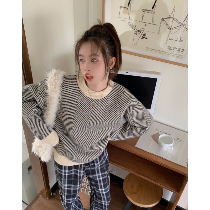 日系條紋套頭毛衣女秋冬季新款設計感小眾寬鬆慵懶風針織衫潮