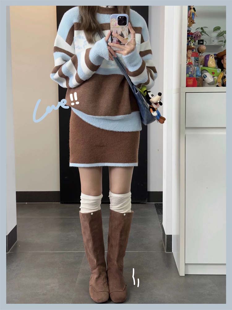 美拉德穿搭毛衣女秋冬撞色條紋慵懶風軟糯寬鬆小個子套頭圓領上衣