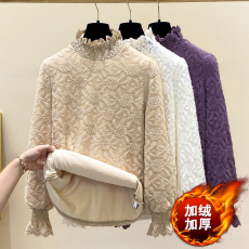 批发实拍#<b class='q'>大码</b>女装秋冬半高领蕾丝打底衫洋气内搭加绒加厚保暖上衣