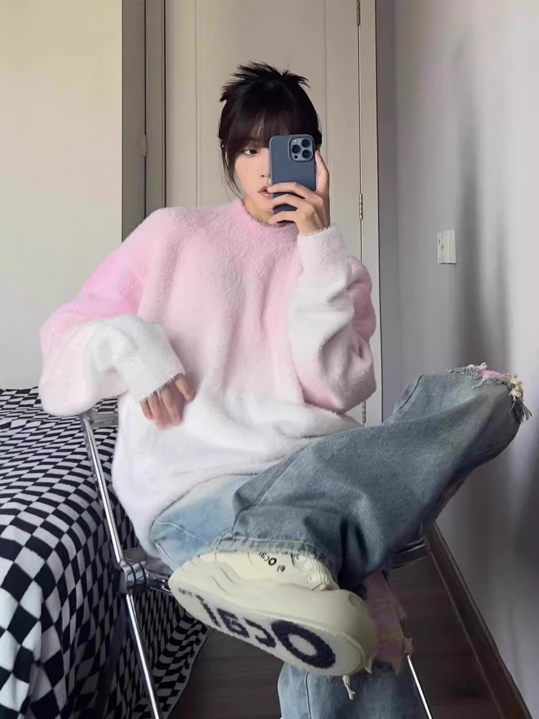 仿貂毛漸變色套頭毛衣女秋冬季國潮寬鬆設計小眾慵懶風圓領針織衫