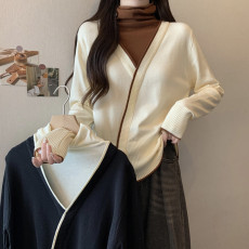 批发实拍大码女装秋冬高领假两件针织上衣胖MM洋气百搭撞色堆堆领毛衣