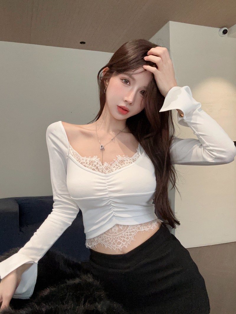 Actual shot ~ Pure desire temperament bottoming shirt slim fit short lace trumpet sleeves slim solid color top T-shirt women's clothing