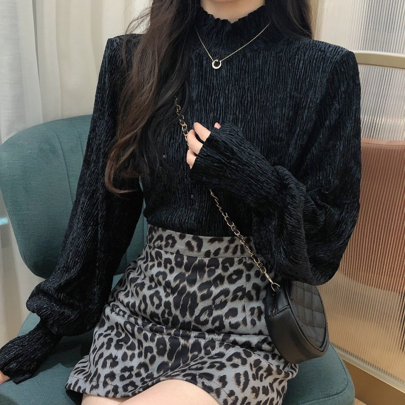 Temperament half turtleneck bottoming shirt for women, new inner design, niche and western style gold velvet top