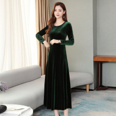 批发高档金丝绒洋气<b class='q'>连衣裙</b>春秋冬长裙子妈妈打底旗袍遮肚气质加厚过膝