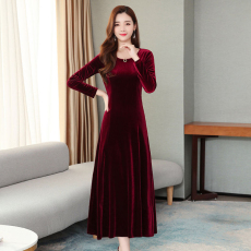 批发高档金丝绒洋气<b class='q'>连衣裙</b><b class='q'>春秋</b>冬长裙子妈妈打底旗袍遮肚气质加厚过膝