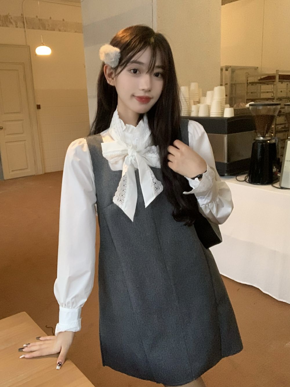 시간 여전히 달콤한 수 있습니다. 소금 회색 광장 칼라 품격 멜빵 여성 드레스 가을 겨울 새로운 루즈핏 슬림해 보이는 스택 착용 미니 스커트