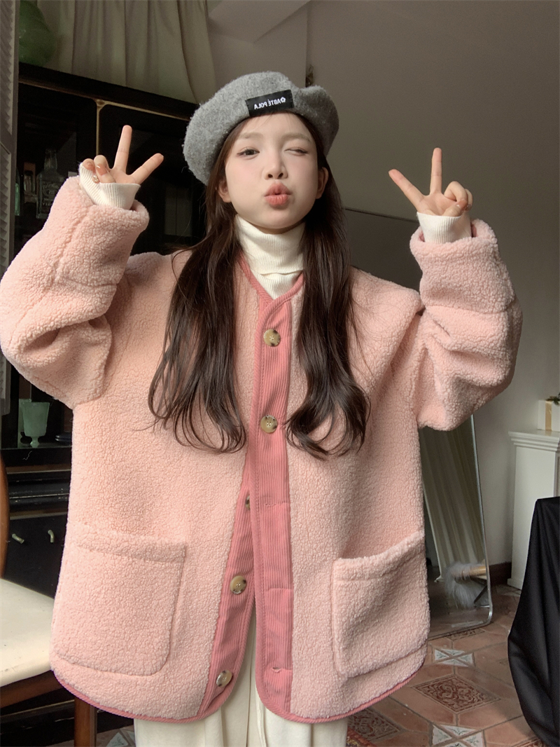 Actual shot~Pink lambswool coat for women winter new style casual plus velvet thickened loose plush top