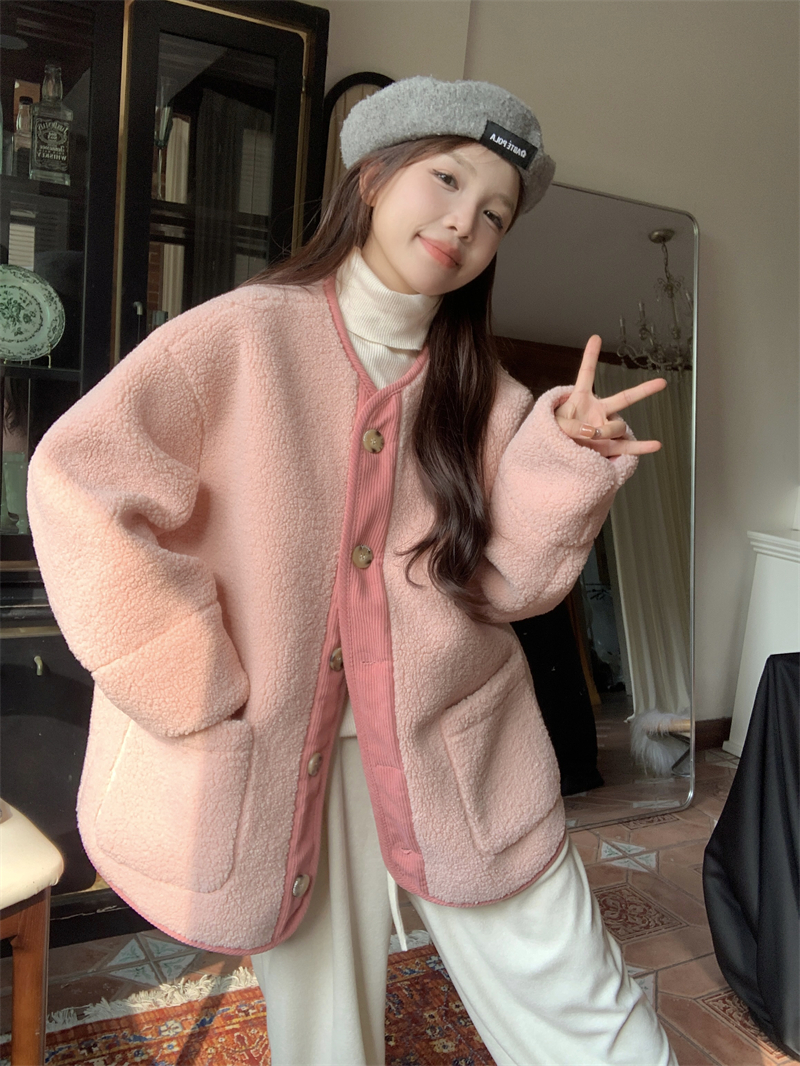 Actual shot~Pink lambswool coat for women winter new style casual plus velvet thickened loose plush top