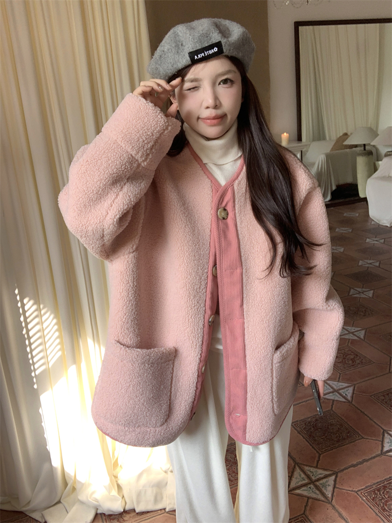 Actual shot~Pink lambswool coat for women winter new style casual plus velvet thickened loose plush top