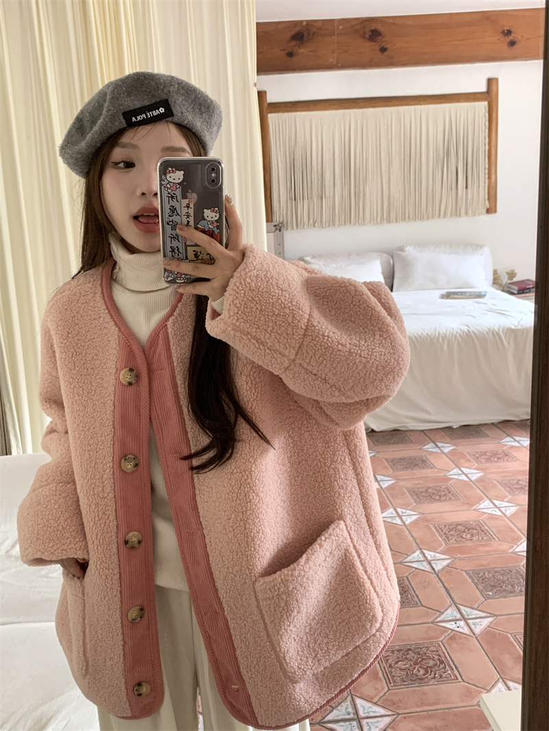 Actual shot~Pink lambswool coat for women winter new style casual plus velvet thickened loose plush top