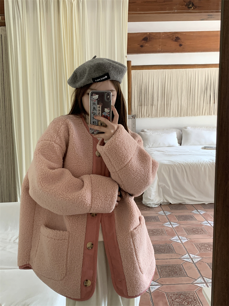 Actual shot~Pink lambswool coat for women winter new style casual plus velvet thickened loose plush top