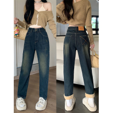 批发实拍 秋冬大码女装复古哈伦<b class='q'>牛仔</b>裤加绒加厚梨型身材显瘦老爹裤