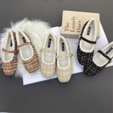 批发小众毛呢复古方头玛丽珍女鞋2023年新款小香风一字扣带平底单鞋