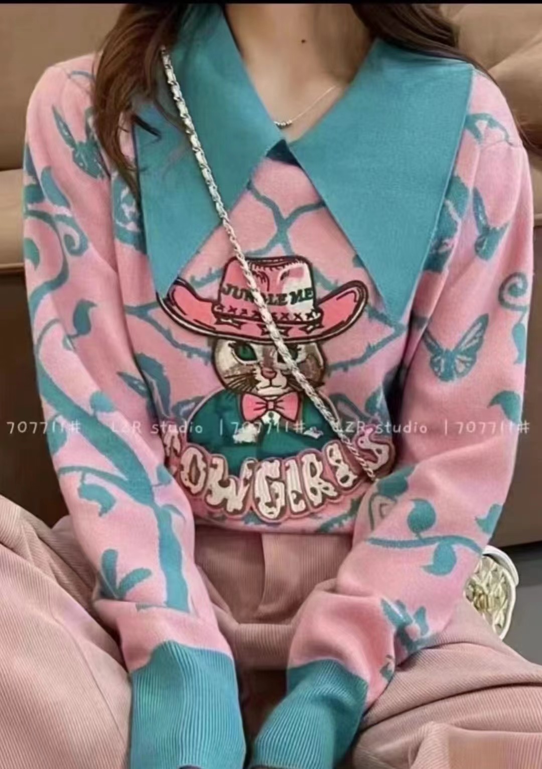 歐貨設計感卡通刺繡提花海軍領針織衫女2023秋冬款洋氣減齡毛衣潮