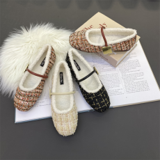 批发小众毛呢复古方头玛丽珍女鞋2023年新款小香风一字扣带平底单鞋