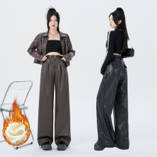 批发<b class='q'>欧美</b>复古百搭休闲PU皮裤女2023新款秋冬高腰宽松显瘦直筒阔腿长裤