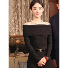 批发<b class='q'>赵</b><b class='q'>丽</b><b class='q'>颖</b>明星<b class='q'>同款</b>黑色一字肩修身针织衫秋季气质轻奢高级感露肩上衣