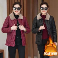 官图 秋冬妈妈装洋气加绒加厚皮质棉服气质中老年短款女装外套