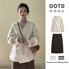 批发实价有货五金少女设计感毛呢外套女春季慵懒风气质<b class='q'>名媛</b>御姐三件套