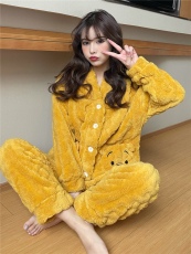 实拍 秋冬季珊瑚绒睡衣女加厚套装加绒法兰绒可爱女士家居服