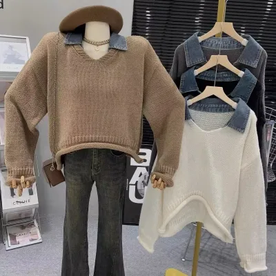 韩系毛衣2023冬季新款假两件牛仔拼接针织衫时尚毛衣外套上衣