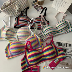 批发实价实拍 甜美拼色肌理感条纹<b class='q'>文胸</b>女无钢圈聚拢收副乳<b class='q'>学生</b>内衣