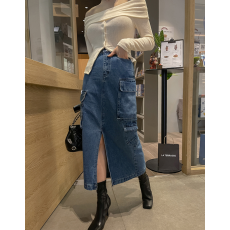 批发现  慵懒松弛松紧腰感<b class='q'>牛仔</b>前开叉半身裙