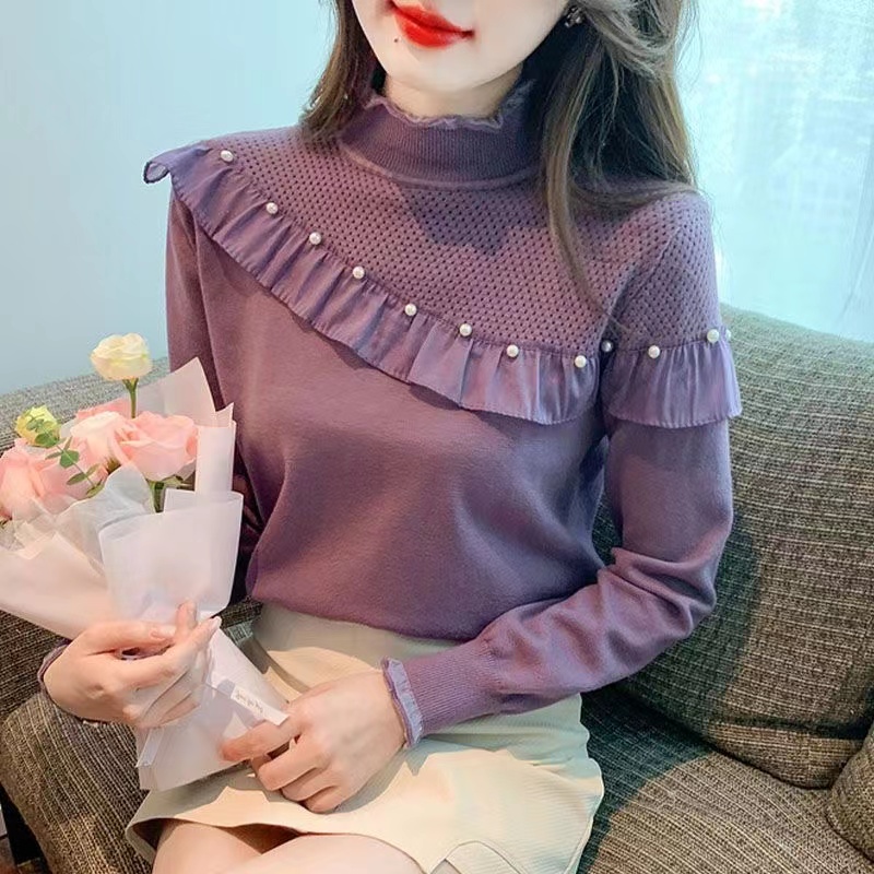 가을 겨울철 2026 새로운 반하이넥 니트 기본 셔츠 여성 디자인 센스 고급 외국 가스 비즈 박기 프릴 맨위