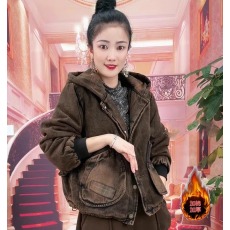 批发2026冬季炒色复古拼接加棉保暖<b class='q'>牛仔</b><b class='q'>外套</b>女宽松显瘦遮肉连帽上衣潮