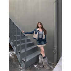 批发羊羔毛拼接牛仔短款夹棉加厚外套半身裙<b class='q'>两件套</b>套装女潮